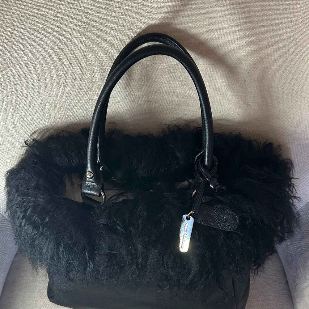 Aqua Madonna Elegant Black Satchel with Plush Fur Trim